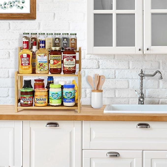 Sorbus Kitchen Countertop Organizer Bamboo Wooden Counter Storage Shelf Rack for Spice, Soap, Skin Care, Makeup Display Stand, Bathroom Shelves, Vanity, Office (3-Tier) - ModernBath