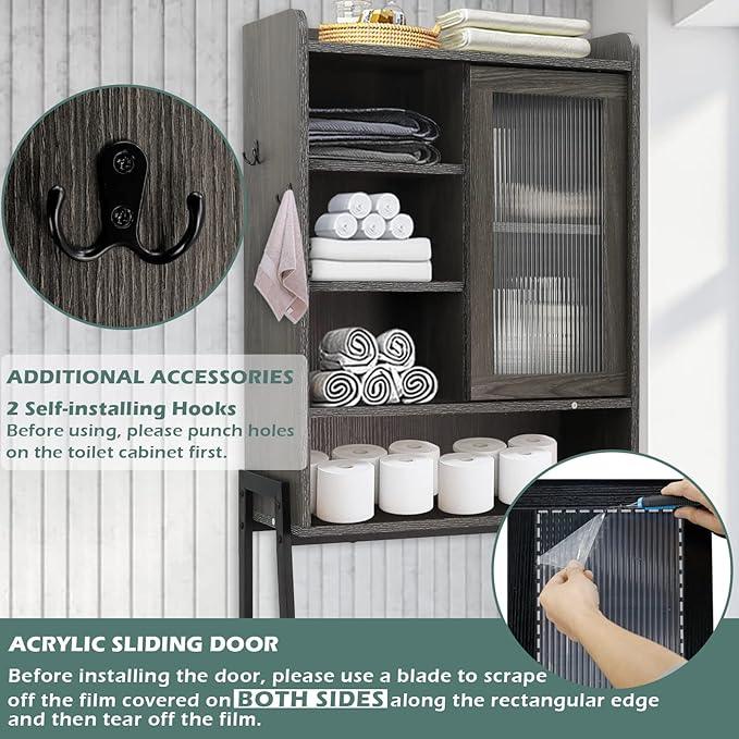Over Toilet Storage Cabinet for Bathroom, Over Toilet Shelf Organizer, Freestanding Space Saver with Adjustable Shelves, Wide Open Shelf, Acrylic Sliding Door, Metal Frame, Vintage Grey - ModernBath