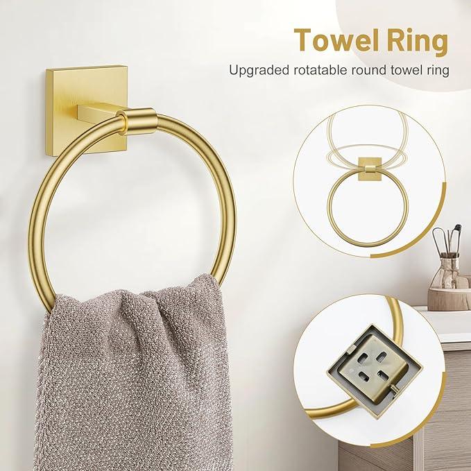 5 Pieces Bathroom Hardware Set Brushed Gold Towel Bar Set Includes 23.6” Towel Bar, Towel Ring Holder, Toilet Paper Holder and Two Towel Hooks, Bathroom Accessories Set SUS304 Wall Mounted - ModernBath