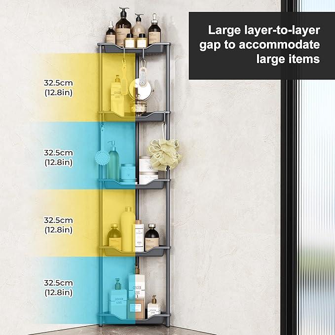 Orimade Rustproof 5 Tier Floor Standing Corner Shower Caddy Organizer, Plastic Metal Splicing Floor Corner Shelf Rack Stands for Bathroom, Grey - ModernBath