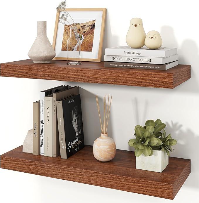 Floating Shelves for Wall, Wall Mounted Rustic Wood Shelves for Bathroom, Bedroom, Living Room, Kitchen, Hanging Shelf for Books/Storage/Room Decor (Walnut, 24") - ModernBath