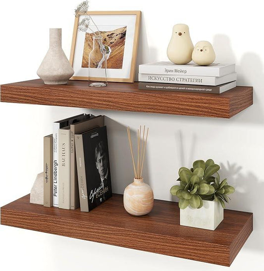 Floating Shelves for Wall, Wall Mounted Rustic Wood Shelves for Bathroom, Bedroom, Living Room, Kitchen, Hanging Shelf for Books/Storage/Room Decor (Walnut, 24") - ModernBath