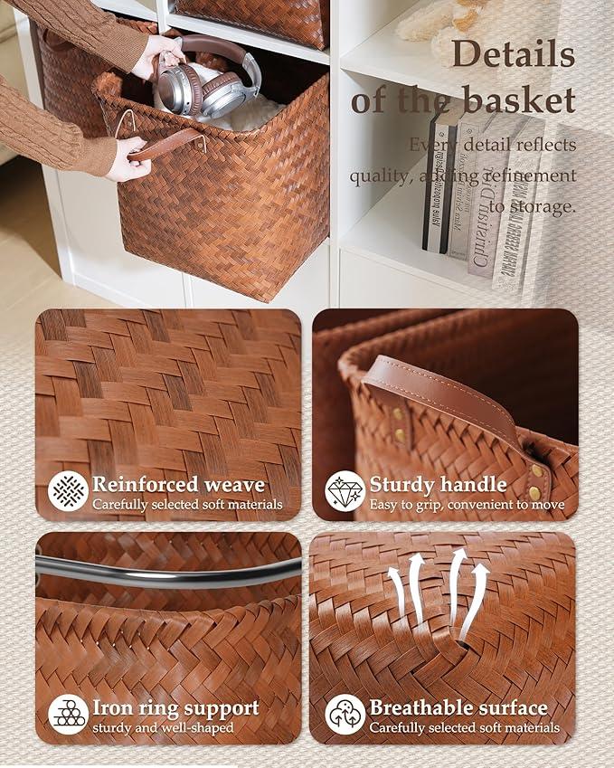 13x15x13 Woven Laundry Basket Hamper, Storage Basket for Clothes Blankets, 4-Pack Wicker Bin for Closet Shelves Bedroom Bathroom, Brown - ModernBath