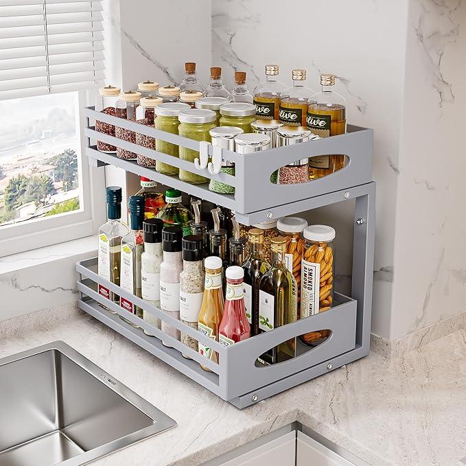 Under Sink Organizer, 2 Tier Under Sink Organizers and Storage, Adjustable Height, Slide out Metal Cabinet Organizers, Pull out Cabinet Storage Drawer Shelf for Kitchen Bathroom - ModernBath