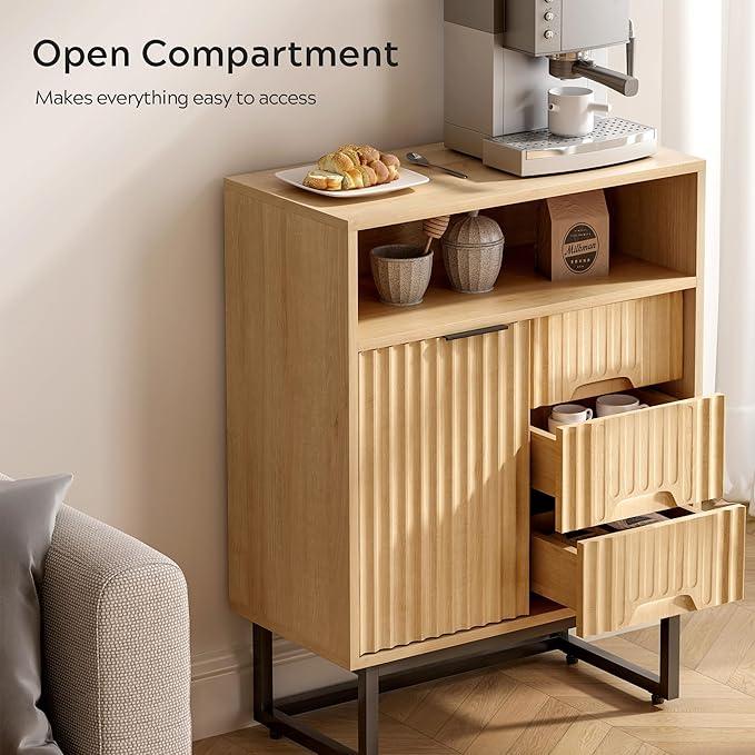 Fluted Kitchen Cabinets Set of 2, Modern 3 Drawers Storage Organizer with Sliding Doors Adjustable Shelf Wood Storage Cabinets for Bathroom Dining Room Living Room - ModernBath