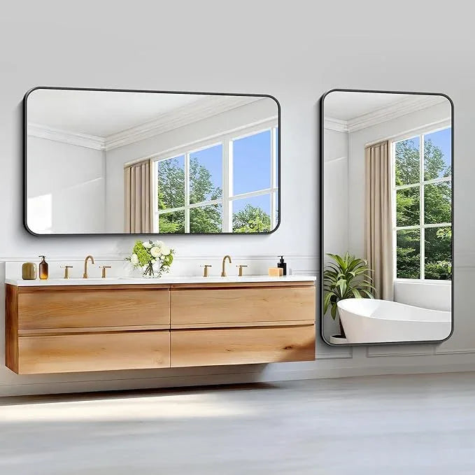 CIVENO Black Bathroom Mirror, 66x36 inch Aluminum Metal Frame Rectangular Vanity Mirror, Large Wall Mounted Rectangle Mirrors with Rounded Corner for Over Sink Bedroom Living Room Horizontal/Vertical - ModernBath