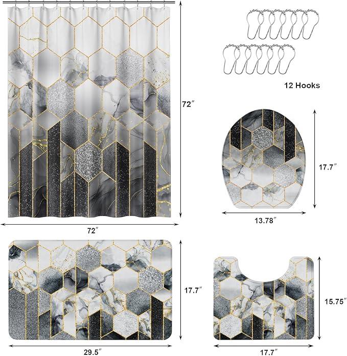 XLHOMO Bathroom Sets with Shower Curtain and Rugs - 4PC Grey Geometric Shower Curtain Set with 12 Hooks, Toilet Cover, U-Shaped Mat and Rugs Modern Abstract Bathroom Accessories for Bathroom - ModernBath