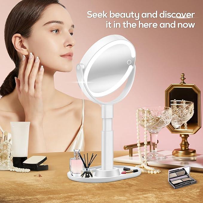 B Beauty Planet Vanity Mirror with Lights, 30X Magnifying Makeup Mirror with 3 Lighting and Adjustable Brightness, Rechargeable 2-Sided Height Adjustable Desk Mirror for Bathroom, Gift for Women White - ModernBath