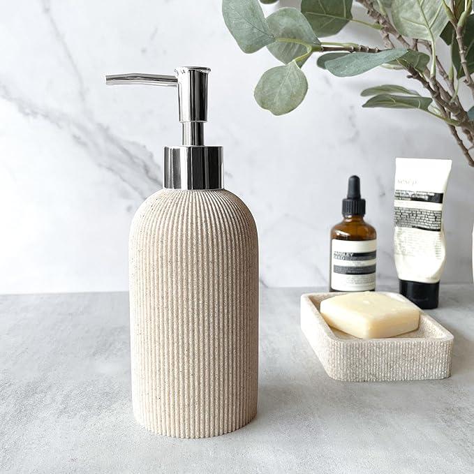 Sand Beige Hand Soap Dispenser for Bathroom and Kitchen with Pump, Luxury Farmhouse Style, Lotion, Dish Soap Dispenser, Sandstone Finish, Rust Proof, 7oz (Silver Pump) - ModernBath