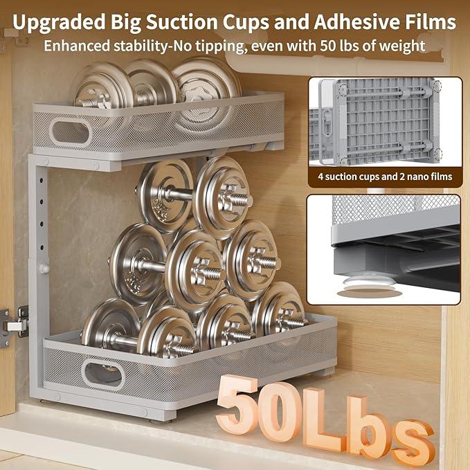 Under Sink Organizer 2 Pack, 2-Tier Slide Out Cabinet Organizer with Metal Sliding Drawer and Hooks, Pull Out Storage Baskets for Kitchen Bathroom Pantry Cabinet Organization (grey) - ModernBath