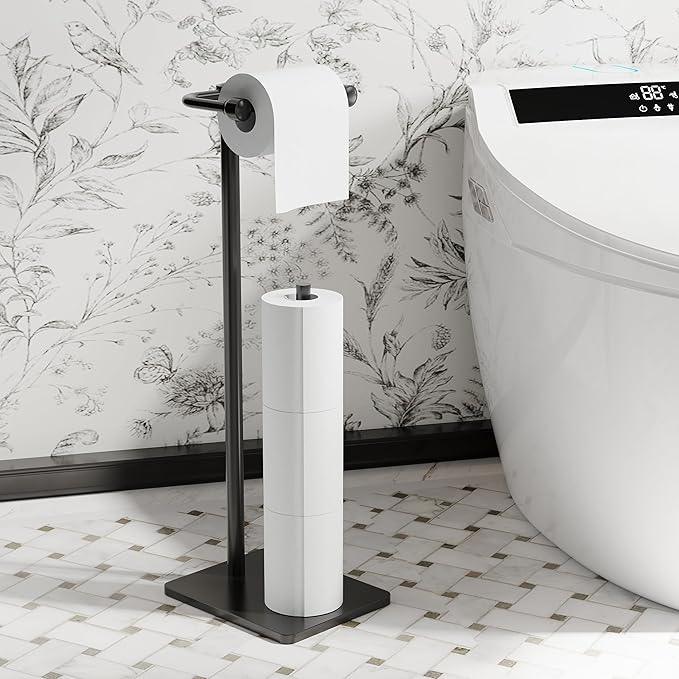 RUACQ Toilet Paper Holder Stand, Bathroom Toilet Paper roll Holder Free Standing with Storage for 4 Rolls, Post Pivoting Design, Stable Weighted Base, SUS304 Stainless Steel (Matte Black) - ModernBath