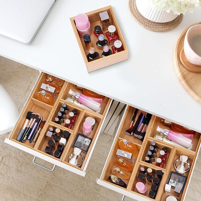 Fabsome Bathroom Drawer Organizer, Bamboo Box Bin for Junk Vanity Desk Makeup Drawer, Small Wooden Container Tea Storage Organization Tray for Kitchen Office, Set of 5 - ModernBath
