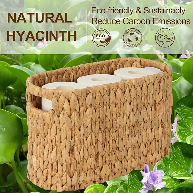 FairyHaus Wicker Toilet Paper Storage Basket with Buit-in Handles, 6 Rolls Natural Water Hyacinth Toilet Paper Holder Stand with Storage, Freestanding Handwoven Toilet Paper Holder Basket for Bathroom - ModernBath