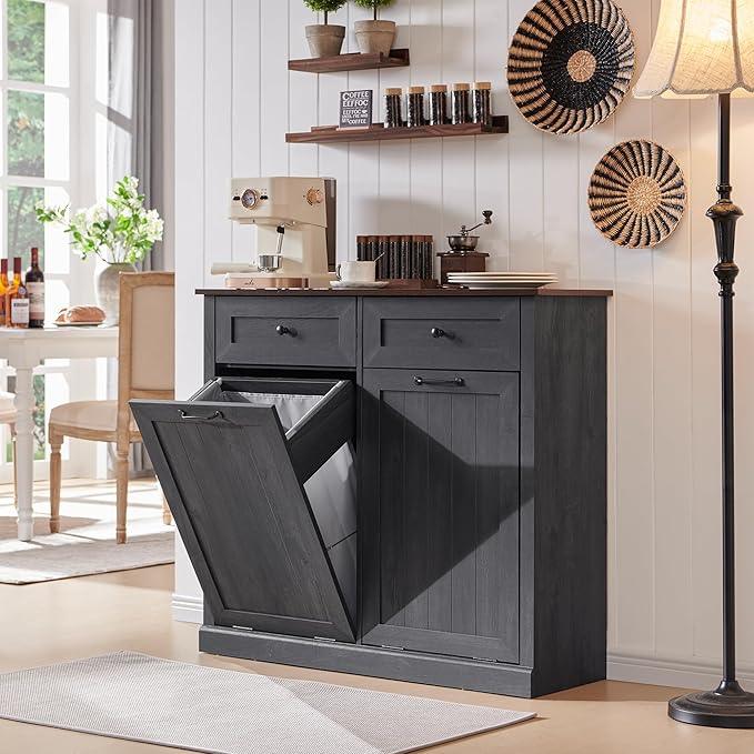 Double Tilt Out Laundry Hamper Cabinet, 20 Gallon Farmhouse Trash Can Cabinet with Drawer, Hidden Wood Garbage Can Bin Cabinet with Laundry Storage Basket for Bathroom, Kitchen, Dark Grey - ModernBath