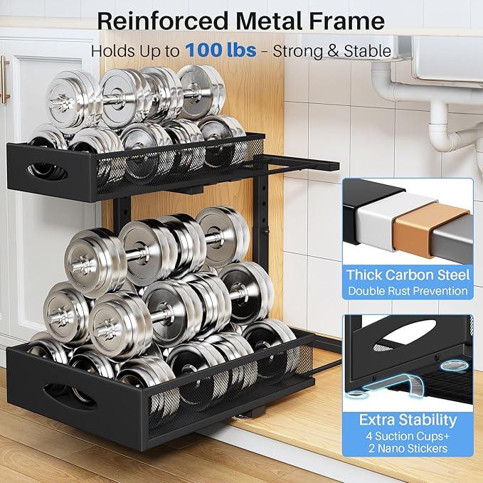 Under Sink Organizer, 2 Pack 2 Tier Pull Out Under Cabinet Organizer Shelf with Pad for Framed Cabinets, Metal Slide Out Under Sink Storage, Mesh Sliding Drawers for Kitchen Bathroom Laundry, Black - ModernBath