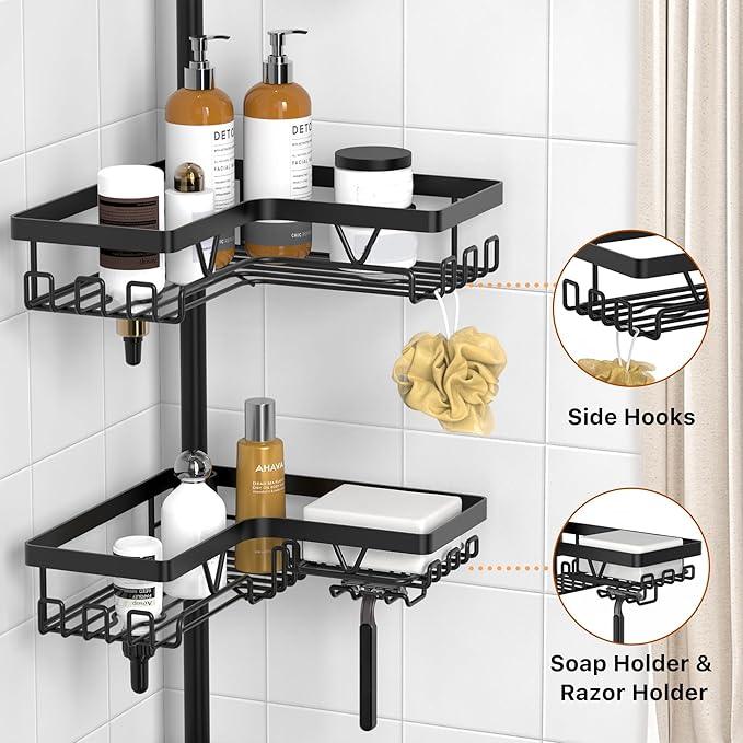KEGII Corner Shower Caddy Tension Pole - Shower Tension Rod Organizer, Floor to Ceiling Shower Caddy 25-114.2 inch, Towel Rack Corner Waterproof, Black - ModernBath