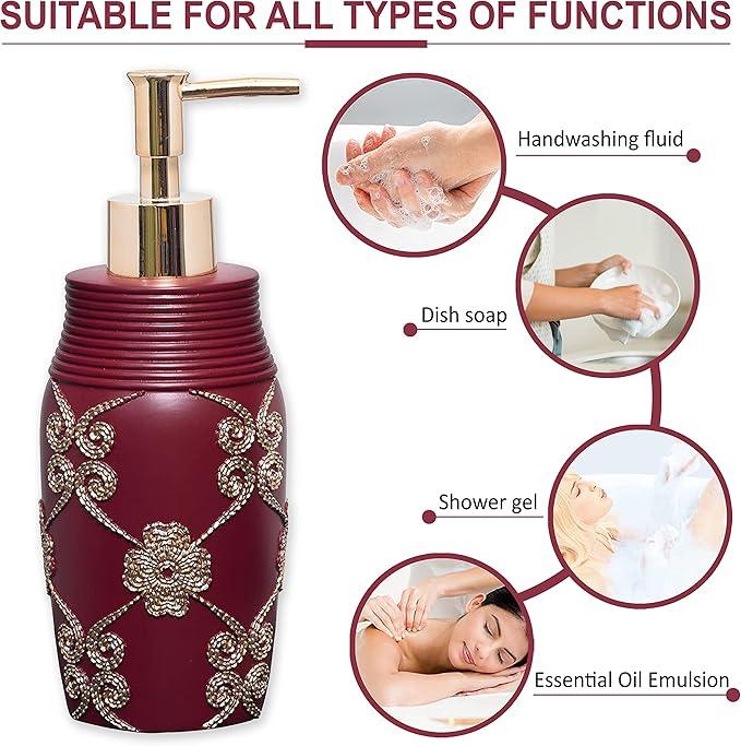 Zahari Home 4pc Elegant Rose Burgundy Bathroom Set Classic Bathroom Lotion Dispenser, Tumbler, Toothbrush Case and Bar Soap Holder Modern Uunique Design Burgundy Red Bathroom Accessories - ModernBath