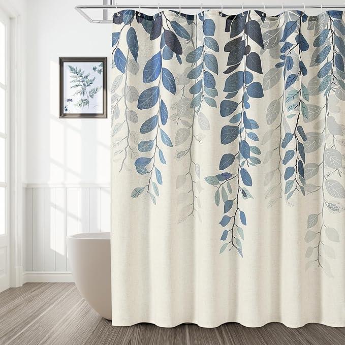 BOODII Blue Eucalyptus Leaves Shower Curtain Set with Hooks Linen Shower Curtain for Bathroom Watercolor Floral Plant Leaf for Bath Natural Waterproof Fabric Bathroom Decor, 72x72 - ModernBath