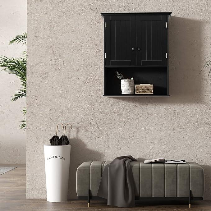 COSTWAY Wall Mounted Bathroom Cabinet, Over The Toilet Storage Cabinet w/Double Doors & Adjustable Shelf, Wood Hanging Medicine Cabinet for Living Room, Entryway, Kitchen (Black) - ModernBath