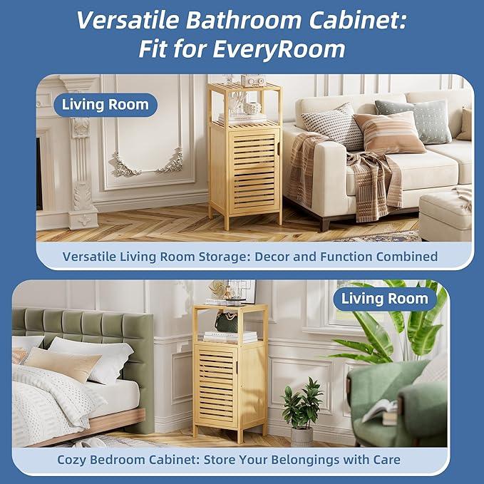 HITNET Bathroom Cabinet Freestanding, Small Bamboo Floor Cabinet, 4 Tier Single Door Sofa Side Table Storage Organizer, Space Saving Kitchen Cupboard, Natural - ModernBath