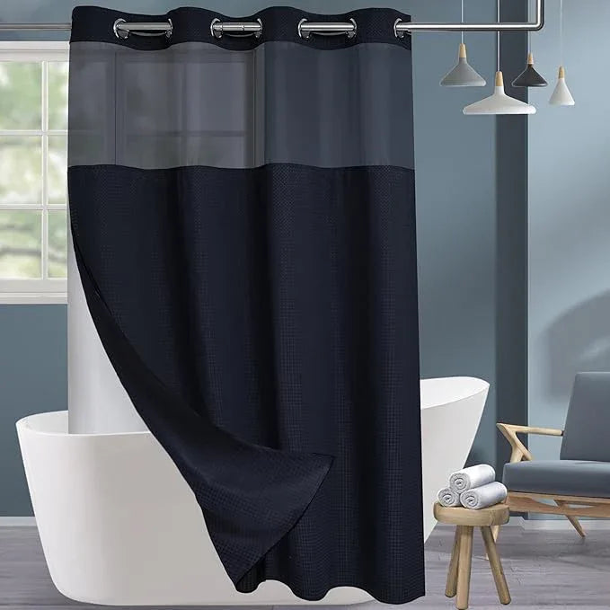 Conbo Mio Stall No Hook Waffle Weave Shower Curtain with Snap in Liner Set, Hotel Luxury Black Shower Curtains for Bathroom with See Through Top Window, Waterproof, Washable 54W x 74H - ModernBath