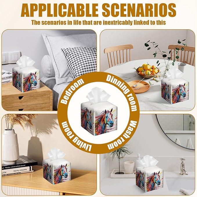 Colorful Horse Tissue Box Cover 2PCS, Animals Leather Tissue Box Holder Square Facial Paper Case Tissue Box Cube Organizer for Bathroom Bedroom Desk Office - ModernBath