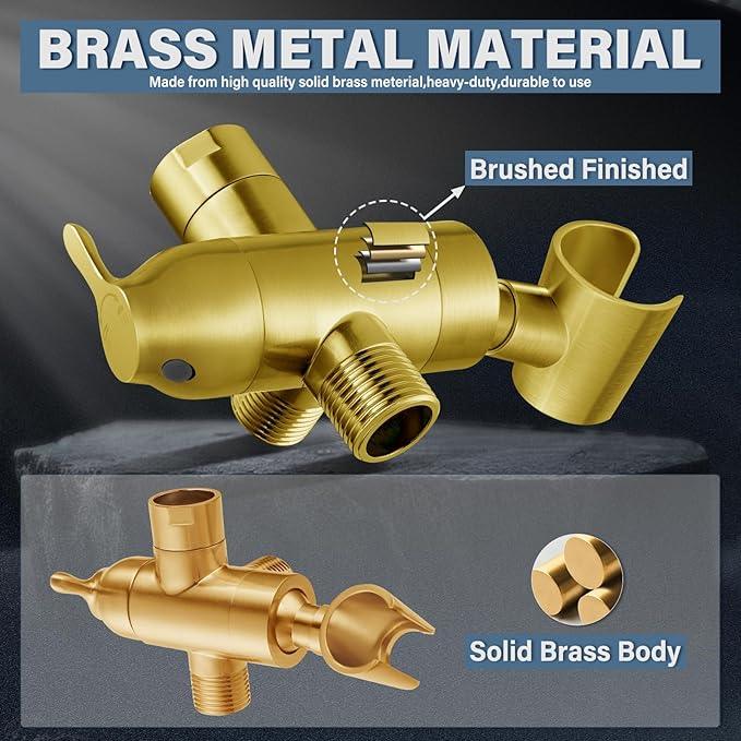 Metal Shower Arm Diverter with Handheld Mount, G1/2" 3-Way Shower Diverter Valve Bathroom Universal Showering System Replacement for Handheld Wand and Fixed Sprayer, Brushed Gold - ModernBath