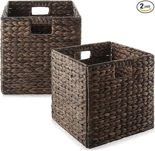Casafield 12" x 12" Water Hyacinth Storage Baskets, Espresso - Set of 2 Collapsible Cube Organizers, Woven Bins for Bathroom, Bedroom, Laundry, Pantry, Shelves - ModernBath