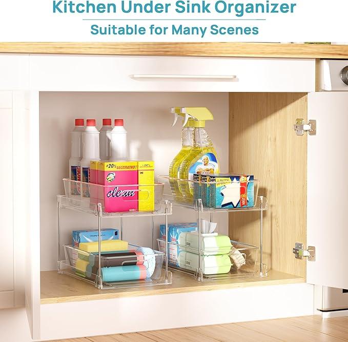 Vtopmart 4 Pack Bathroom Organizer, 2 Tier Clear Under Sink Organizers Vanity Countertop Storage Container,Cabinet Drawers Bins, Pull-Out Organization with Track for Pantry, Kitchen - ModernBath
