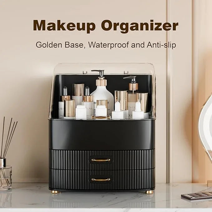 Plukers Makeup Organizer Countertop Vanity with Transparent Lid Drawers Waterproof Dustproof Cosmetic Skincare Bathroom Storage Gift for Women Teens Girls (Black) - ModernBath