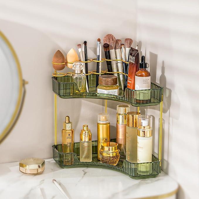 shuang qing Upgraded 2-Tier Corner Bathroom Countertop Organizer – Spacious Storage for Makeup, Skincare & Perfumes, Built-in Brush Holder Fits Vanity/Dresser/Bsthtub (Sage Green) - ModernBath