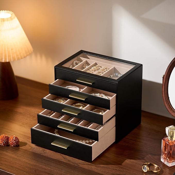 pickpiff Jewelry Box Organizer Case for Women: 5-Layer Jewelry Storage Case with Glass Window, Black Leather with Blush Velvet, Holder for Ring Necklace Bracelet Brooch Watch, Great Gift for Her - ModernBath