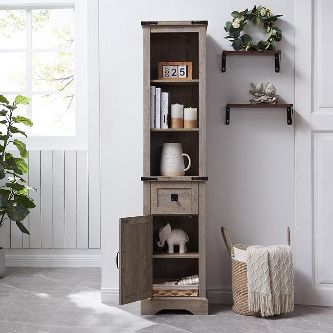 RedLemon Farmhouse Slim Bathroom Storage Cabinet, 68" Tall with Drawer & Adjustable Shelves, Rustic Narrow Storage Cabinet for Living Room, Bathroom, Kitchen, Light Rustic Oak - ModernBath