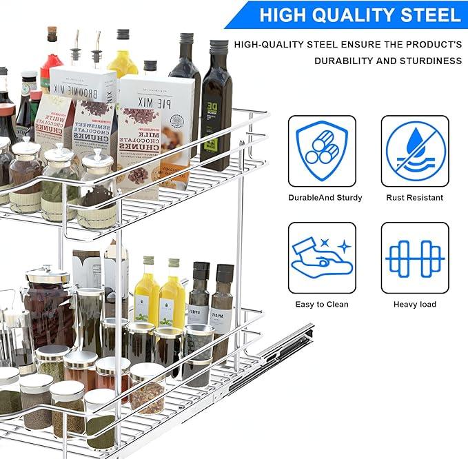 Fulgente Chrome Finish Pull Out Drawers Cabinet Organizer, Professional Large Wire Basket Frame 2 Tier Heavy Duty Slide Out Kitchen Storage Organizations Shelves Sliding Pantry 11"W x 18"D x 15.12"H - ModernBath