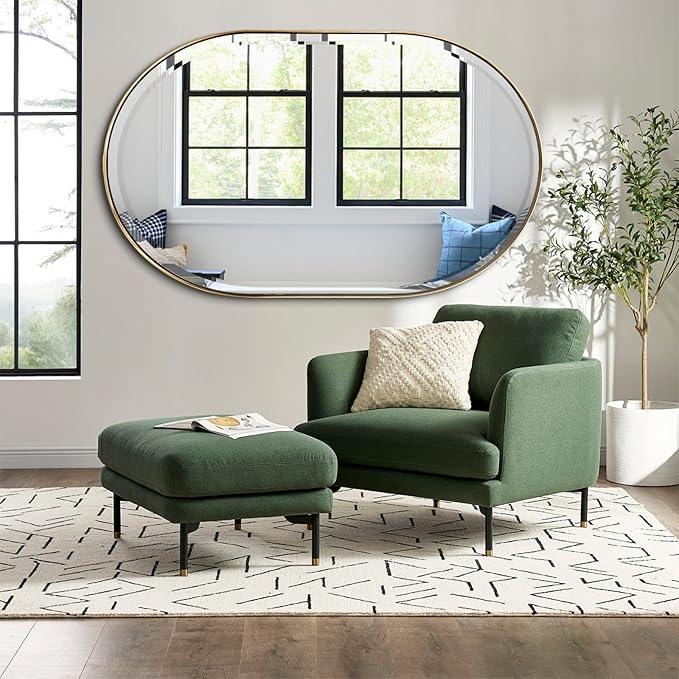 POZINO Gold Oval Mirror, Brass Beveled Mirror with Stainless Steel Frame, 28"x48" Large Rounded Rectangle Mirrors for Over Sink, Modern Oblong Vanity Wall Mirrors for Bathroom Bedroom Living Room - ModernBath