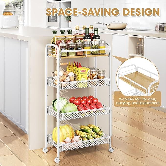 TOOLF 4-Tier Rolling Cart, Metal Utility Cart, Slide Out Storage Cart with Wooden Tabletop and Mesh Baskets, Easy Assemble Trolley for Kitchen Bathroom Laundry Room Bedroom Apartments Dormitory - ModernBath