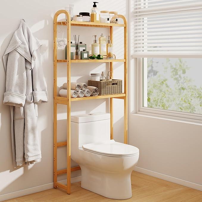 Tangkula Bamboo Over The Toilet Storage, 3-Tier Over Toilet Organizer Rack with 5-Position Adjustable Shelves, 3 Hooks, Adjustable Bottom Bar, Laundry Room Shelf, 28.5" Wide Bathroom Space Saver - ModernBath