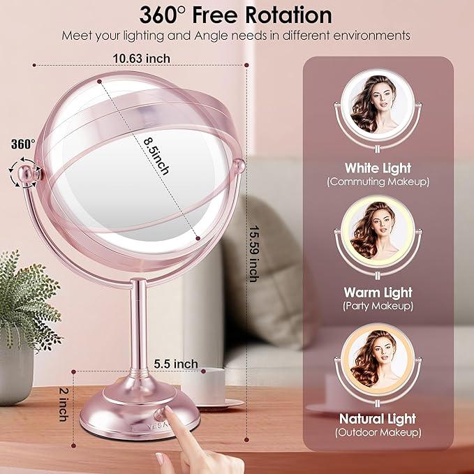 VESAUR Lighted Makeup Mirror Rose Gold Nickel, Double Sided 1X/10X HD Undistorted Magnifying Mirror, 8.5" Vanity Mirror with 3 Colors Dimmable 90 Bright LEDs, 360°Swivel Two Power Supply, Luxury Gifts - ModernBath
