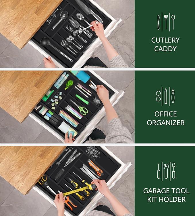 ROYAL CRAFT WOOD Luxury Bamboo Kitchen Drawer Organizer - Silverware Organizer - Utensil Holder and Cutlery Tray with Grooved Drawer Dividers for Flatware and Kitchen Utensils (9 Slot, Black) - ModernBath