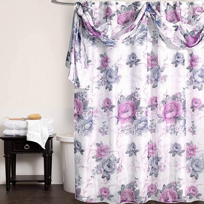 Zahari Home 13pc Michelle Bathroom Shower Curtain Sets Shower Curtain & 12 Shower Bathroom Hooks Modern Classic Luxury Contemporary Decor Floral Shower Curtain Stylish Bath Sets - ModernBath
