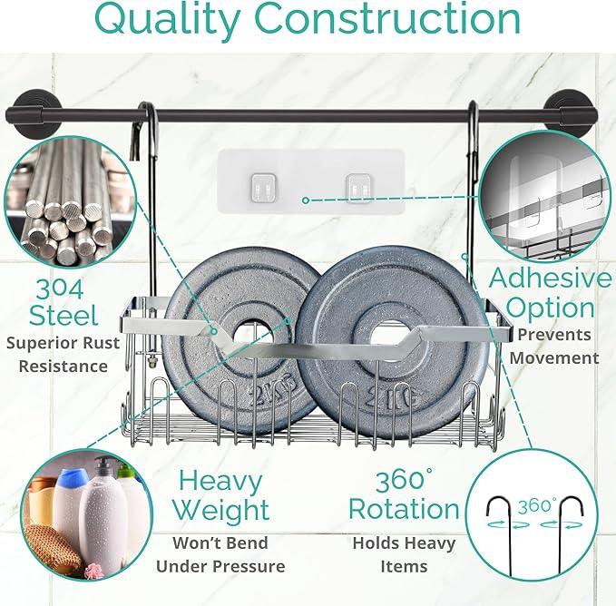 Small Shower Caddy Hanging - Shower Door Caddy Hanging with Rotatable Hooks and Adhesive Mount - Perfect for Bathroom Toiletries - Spacious & Convenient Bathroom Storage Solution 304 Stainless Steel - ModernBath