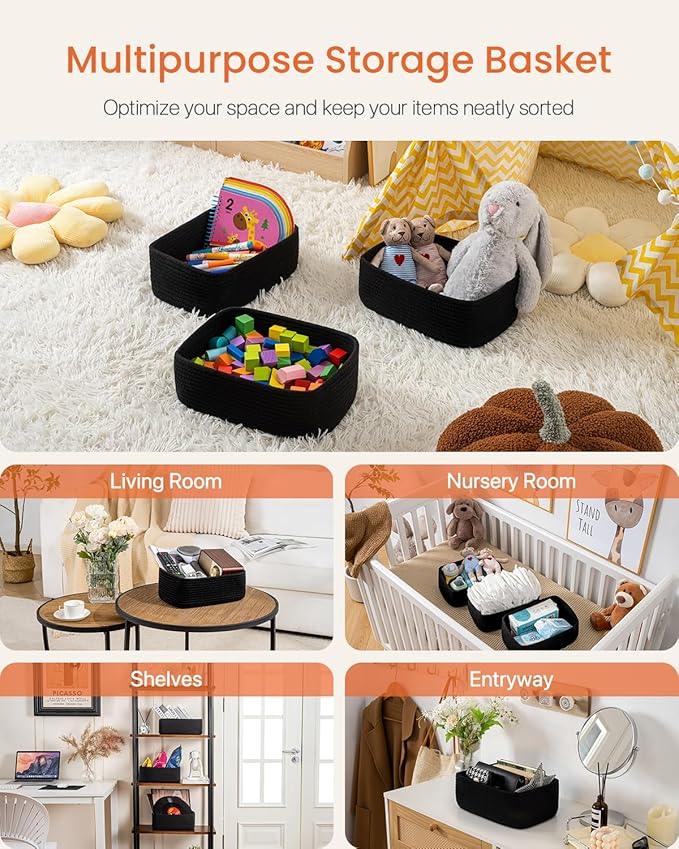 Small Woven Basket, 12 x 8 x 4.5 Inches, Storage Basket for Organizing, Cute Small Rope Shelf Closet Cube Storage Bins Baskets for Shelves, Dog Toy Gift Baskets Empty, 3 Packs, Black - ModernBath