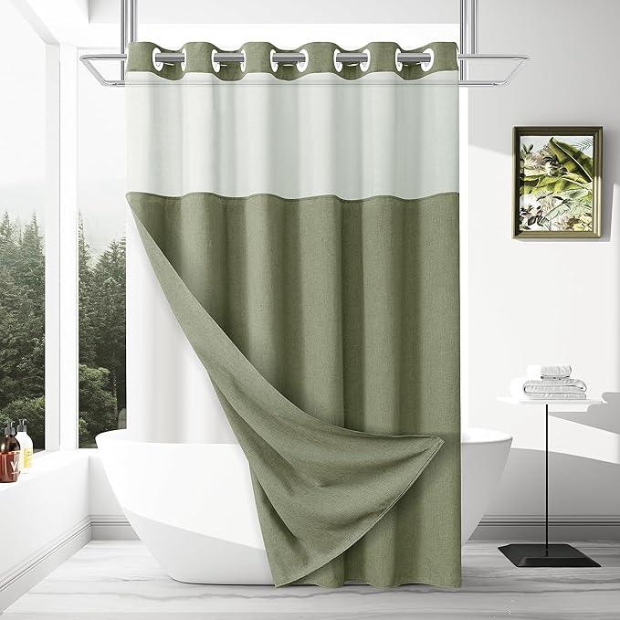 Jowels No Hooks Needed Linen Shower Curtain and Liner Set,Sage Green Hotel Luxury Decor Shower Curtains for Bathroom with See Through Top Window,Water Resistant Fabric,72Wx72L,Sage Green - ModernBath