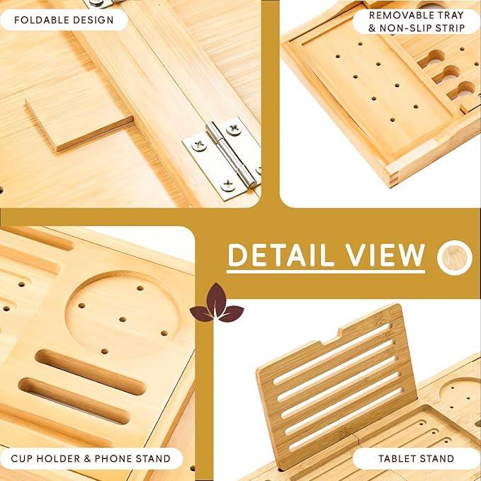 Premium Foldable Bamboo Bathtub Tray Caddy, Expandable Bath Caddy Tray with Holder, Natural Bath Shelf Over Tub, Spa Bathroom Accessories & Gifts for Home - ModernBath