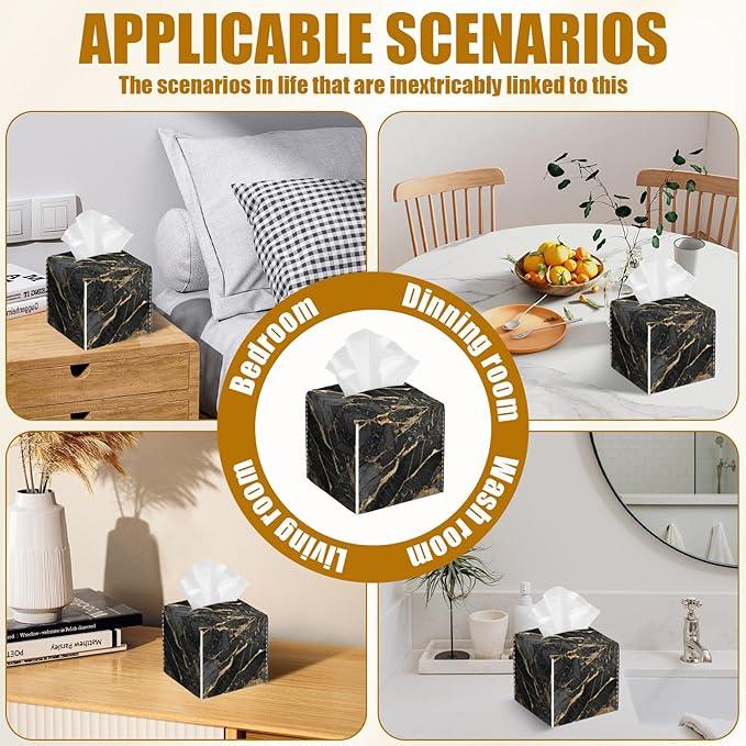 Black Gold Marble Tissue Box Cover 2PCS, Leather Tissue Box Holder Square Facial Paper Case Tissue Box Cube Organizer for Bathroom Bedroom Desk Office - ModernBath