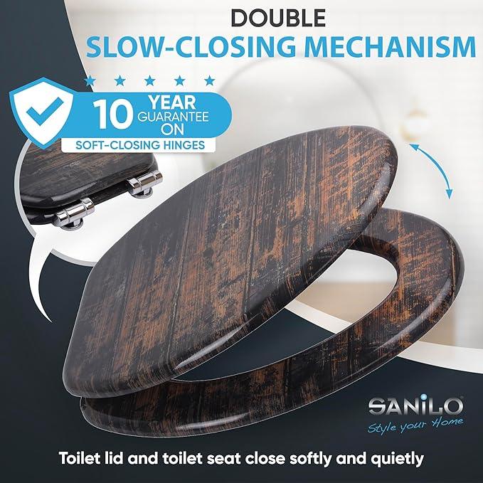 SANILO Wooden Toilet Seat with Soft Close [ELONGATED] - Decorative, Quiet & Slow Close Molded Wood Seat - With Strong Bumpers & Hinges - Adjustable Fit - Vintage - ModernBath