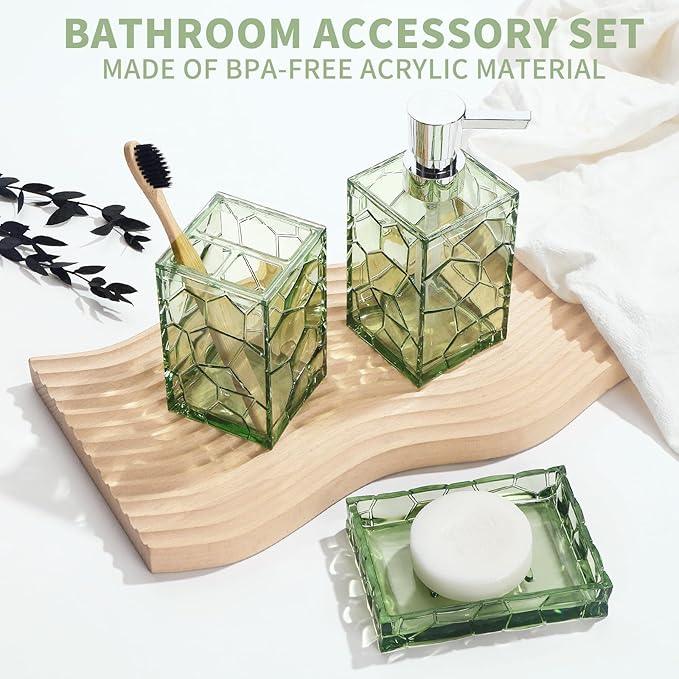 GAHEFY Green Bathroom Accessories Set with Toothbrush Holder, Soap Dispenser, Tumbler, Soap Dish, Sage Green Bathroom Decor, Acrylic (Green-4pcs) - ModernBath