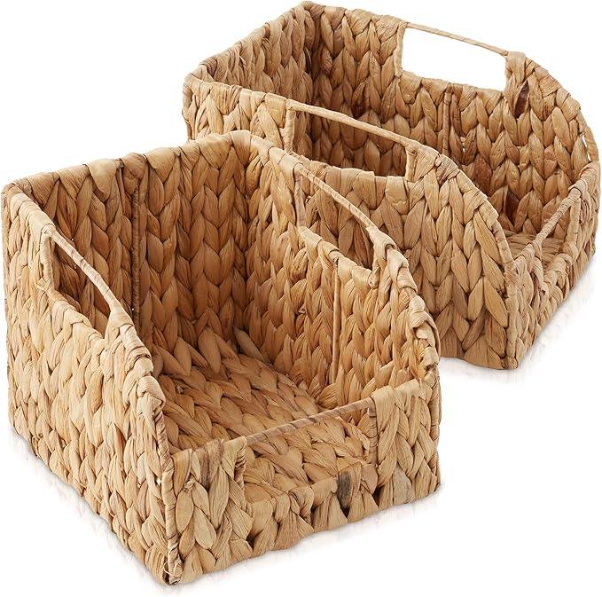 Casafield Set of 2 Water Hyacinth Pantry Baskets with Handles - Natural, Woven Storage Bin Organizers for Kitchen Shelves, Medium and Large Sizes - ModernBath