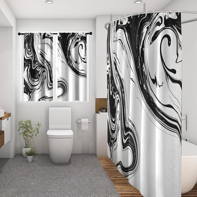 Culudea Marble Vintage Retro Shower Curtain Set, Aqua Gray Abstract Bathroom Window Waffle Cloth Waterproof Shower Curtain Set for Bathroom Decor - ModernBath