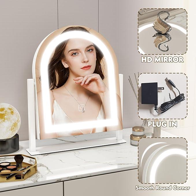 ROLOVE Lighted Makeup Mirror with 3-Color Dimmable Lighting, with Removable 10x Magnifier, Smart Touch Control, 360° Rotation, 15" x 13" Hollywood Vanity Mirror for Tabletop or Desk (White) - ModernBath